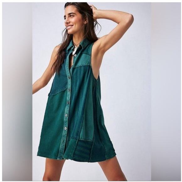 Free People Dresses & Skirts - Free People Santana Denim Patched Mini Dress in Green Striped Sleeveless XS